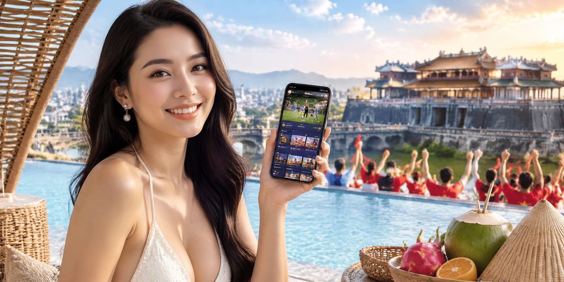 Người phụ nữ Huế đội nón lá sử dụng ứng dụng casino và cá cược trên điện thoại