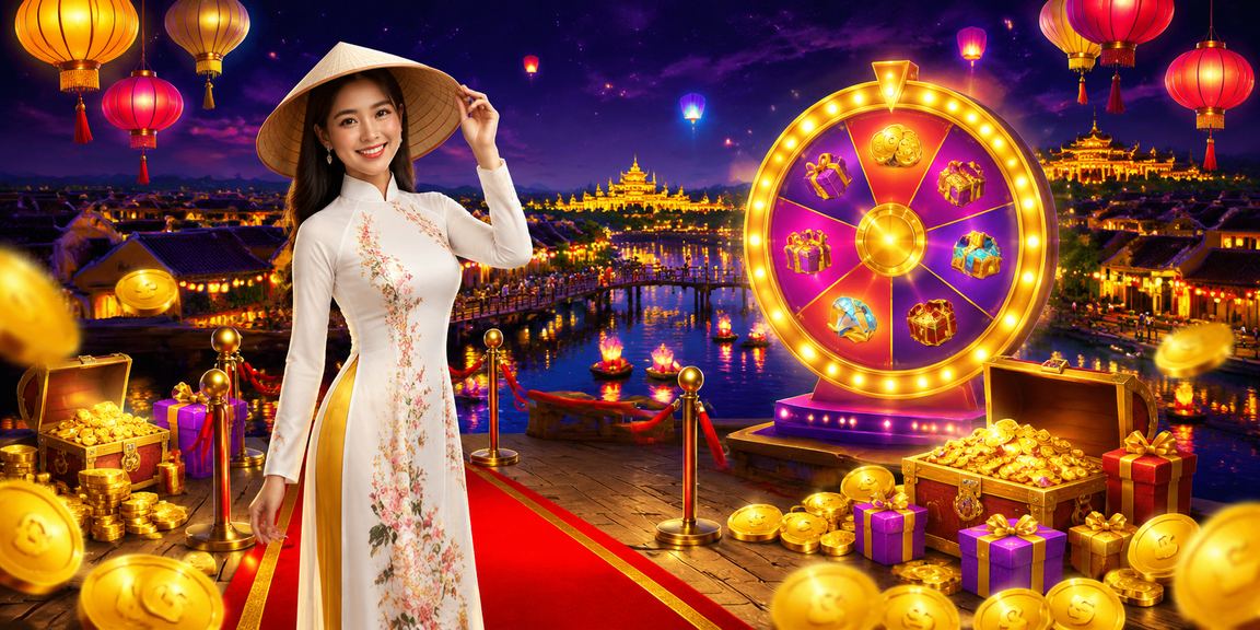 Không khí chợ đêm Huế nhộn nhịp với ánh đèn lồng và màn hình hiển thị kết quả may mắn