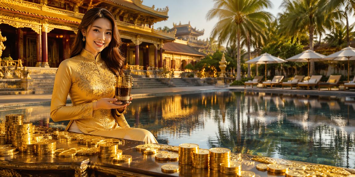 Người phụ nữ Huế mặc áo dài tham gia xổ số trực tuyến bên cạnh cảnh quan cố đô